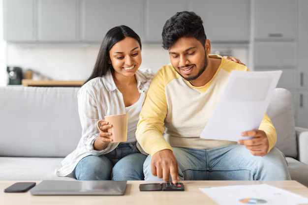 smiling-indian-couple-checking-financial-documents-calculating-family-budget-home_116547-90553